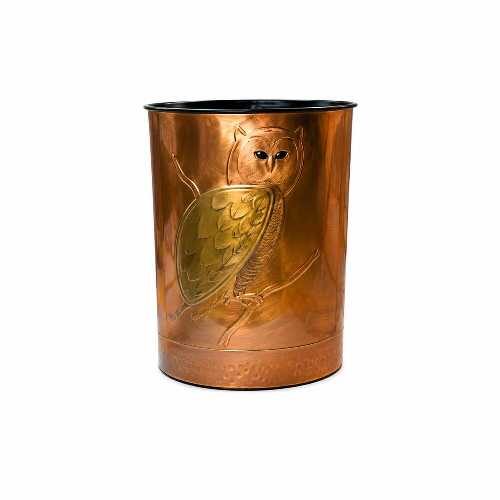 Signed Gregory Hentzi Hand Embossed Copper Owl Wastebasket 13.5" Vintage USA